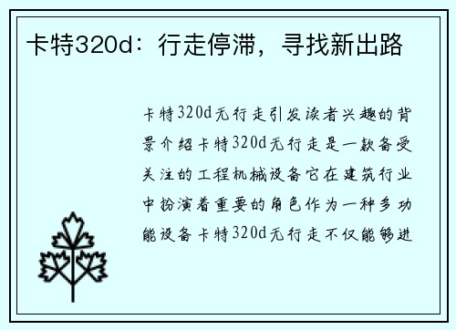 卡特320d：行走停滞，寻找新出路